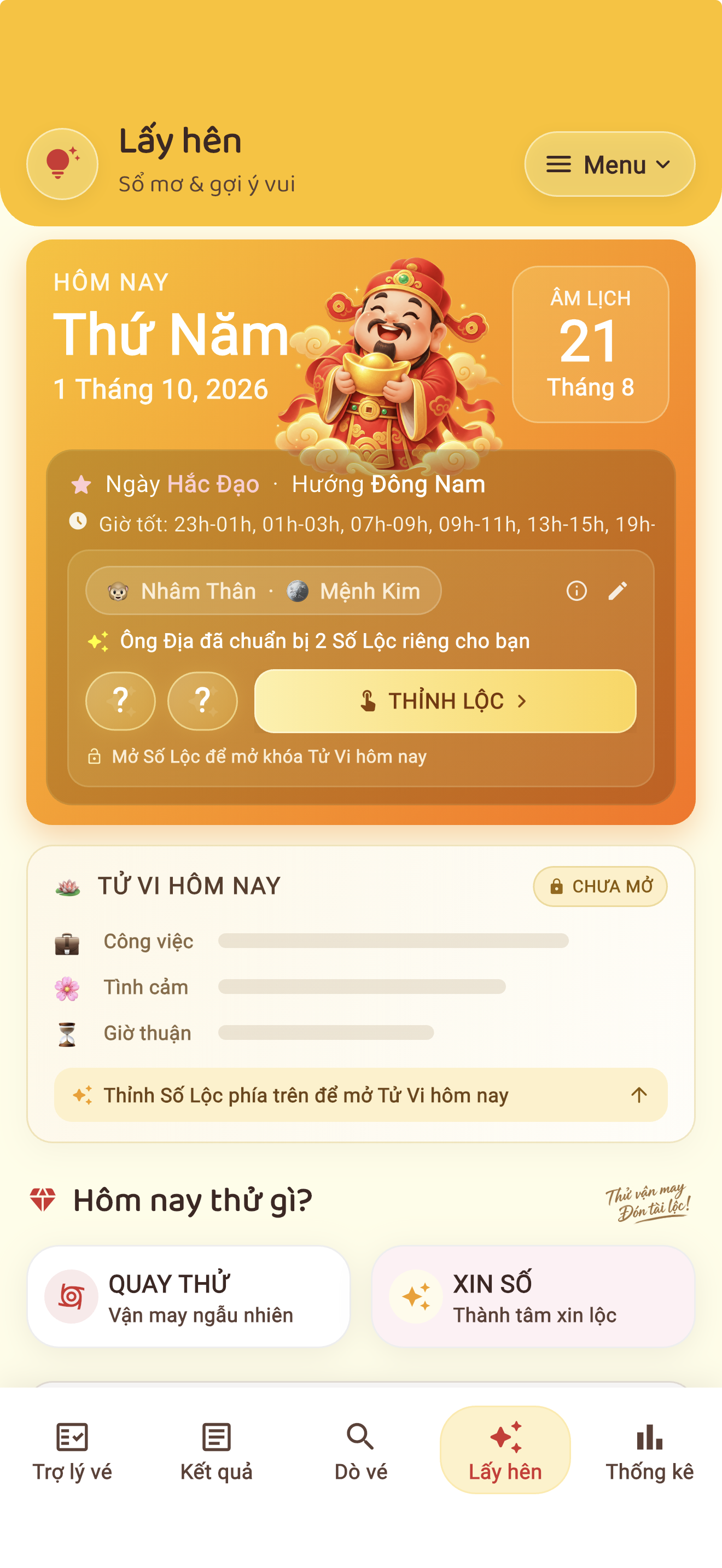 Màn hình Lấy Hên với Số Lộc và Tử Vi AI của Xổ Số Ông Địa