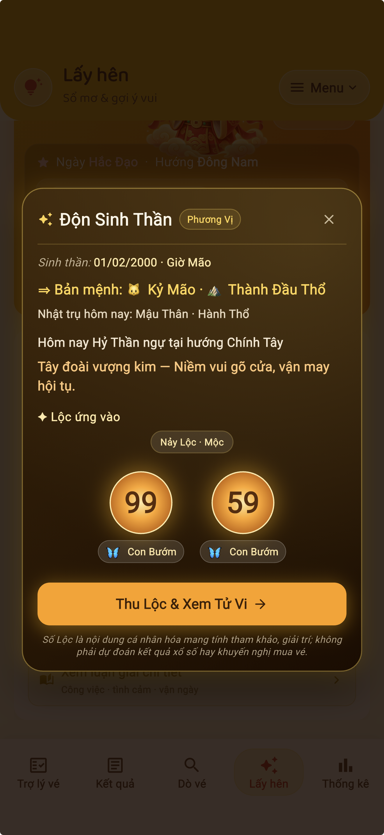Màn hình Lấy Hên với Số Lộc và Tử Vi AI