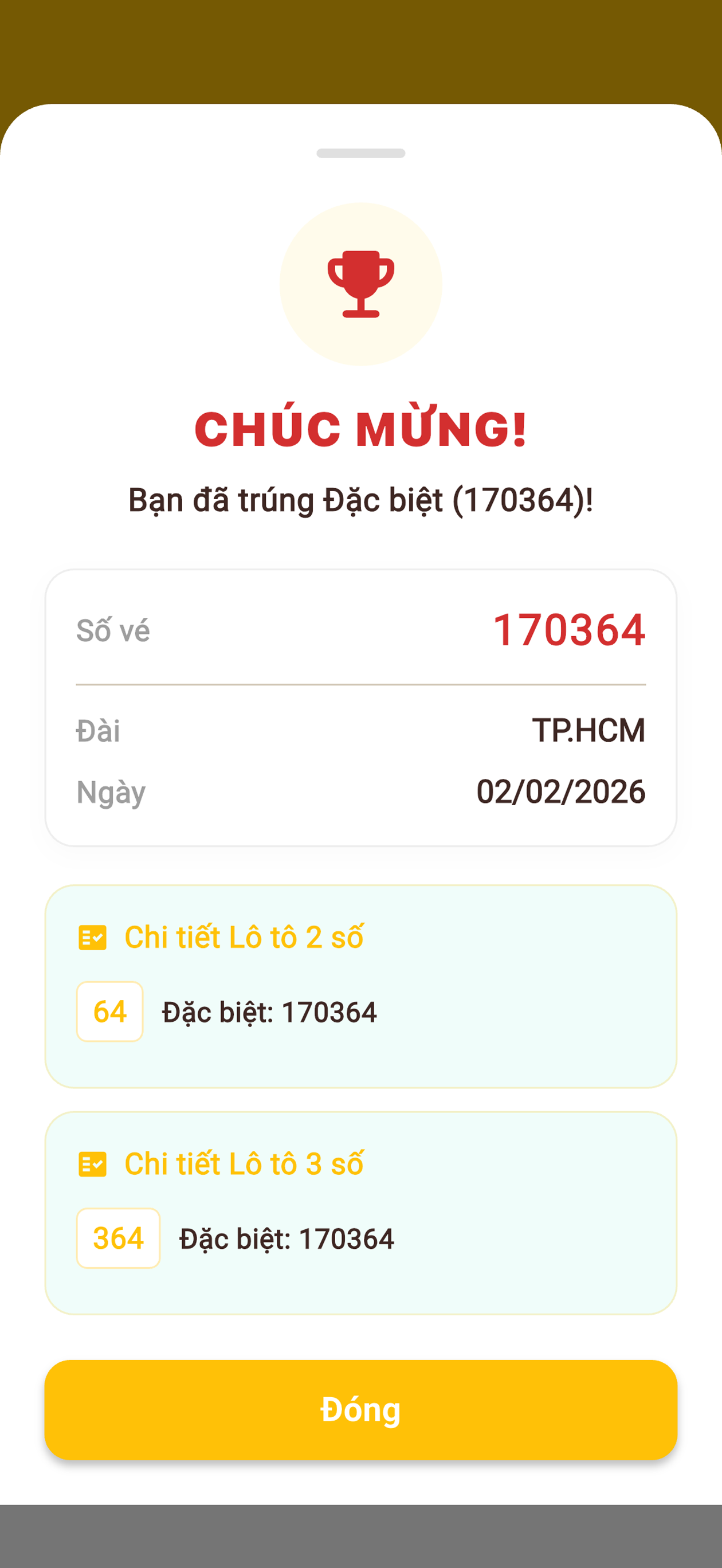 Màn hình chúc mừng trúng thưởng